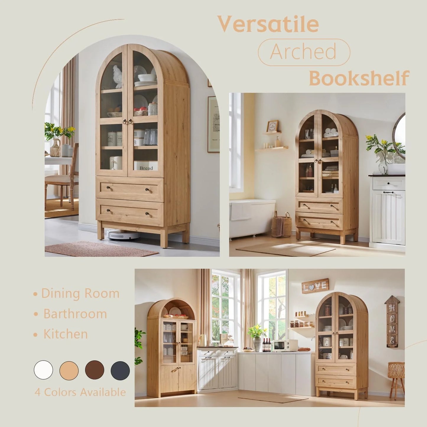 Thasty 71" Tall Arched Bookshelf, 4-Tier Bookcase with Glass Doors and Shelves, Wooden Display Cabinet w/2 Large Storage Drawers