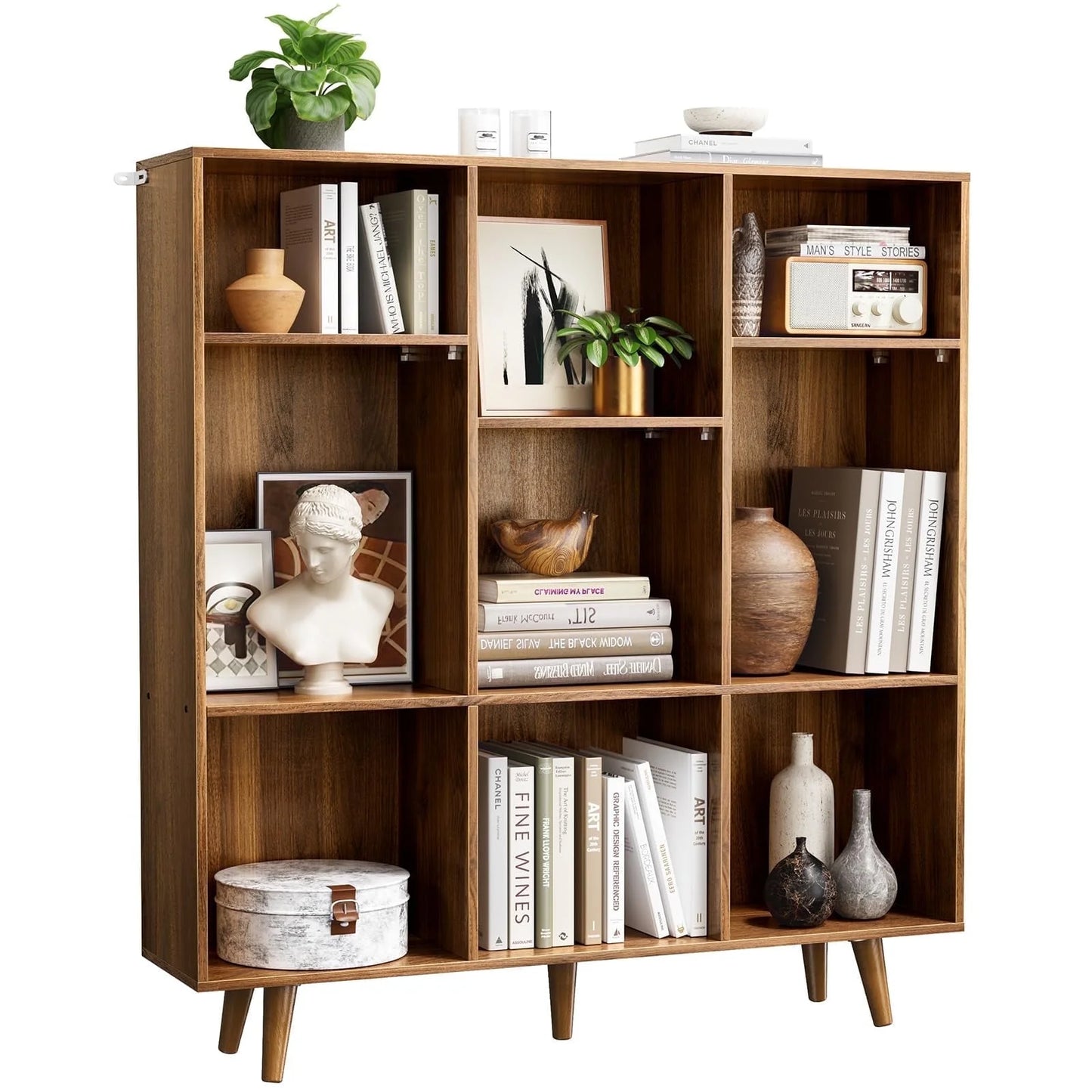 Thasty Wood Bookcase with 3 Adjustable Shelves, 3-Tier 9-Cube Storage Organizer Bookshelf with Solid Legs for Home Office or Living Room, Brown