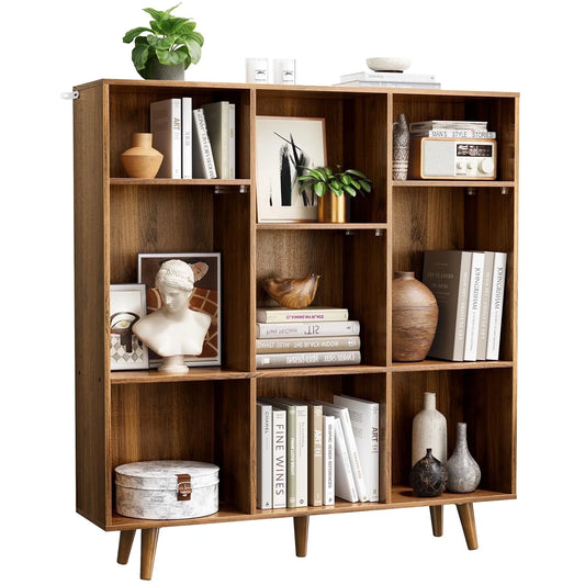 Thasty Wood Bookcase with 3 Adjustable Shelves, 3-Tier 9-Cube Storage Organizer Bookshelf with Solid Legs for Home Office or Living Room, Brown