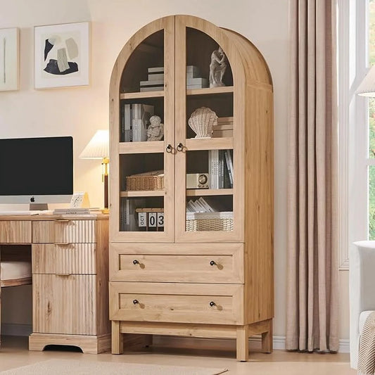Thasty 71" Tall Arched Bookshelf, 4-Tier Bookcase with Glass Doors and Shelves, Wooden Display Cabinet w/2 Large Storage Drawers