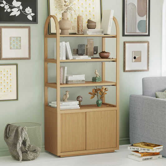 Thasty Fluted 3-Shelf Bookcase with Storage Cabinet by Drew Barrymore, Light Honey Wood Finish