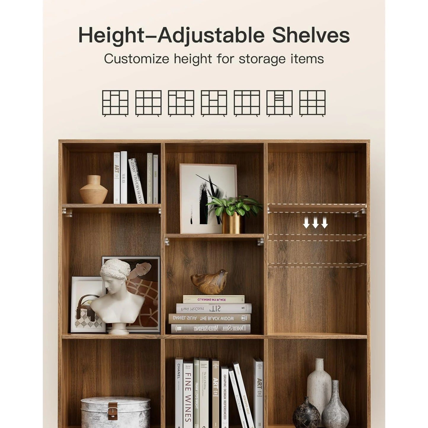 Thasty Wood Bookcase with 3 Adjustable Shelves, 3-Tier 9-Cube Storage Organizer Bookshelf with Solid Legs for Home Office or Living Room, Brown