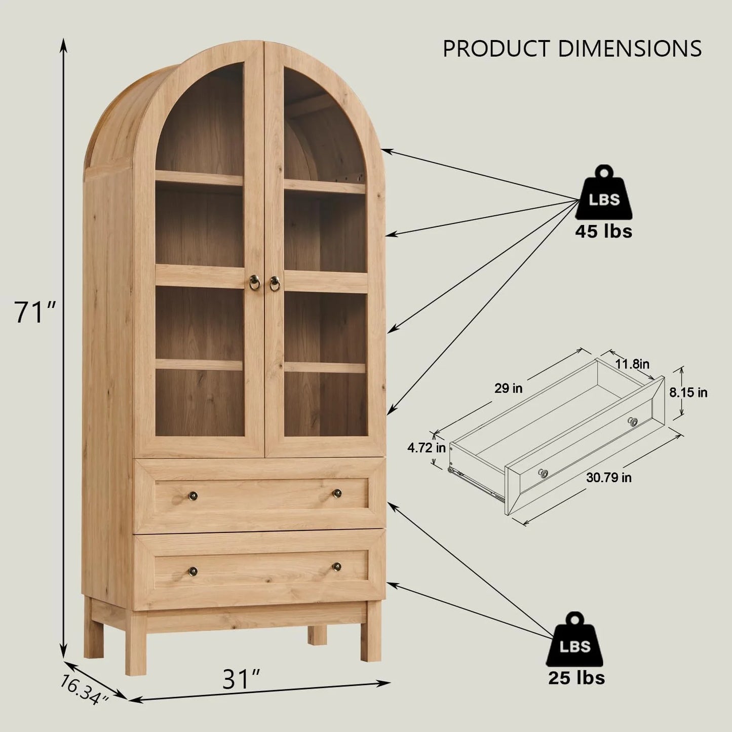 Thasty 71" Tall Arched Bookshelf, 4-Tier Bookcase with Glass Doors and Shelves, Wooden Display Cabinet w/2 Large Storage Drawers