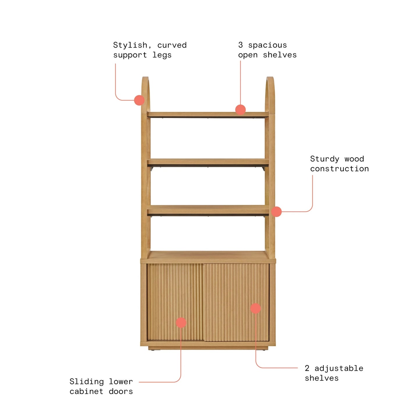 Thasty Fluted 3-Shelf Bookcase with Storage Cabinet by Drew Barrymore, Light Honey Wood Finish