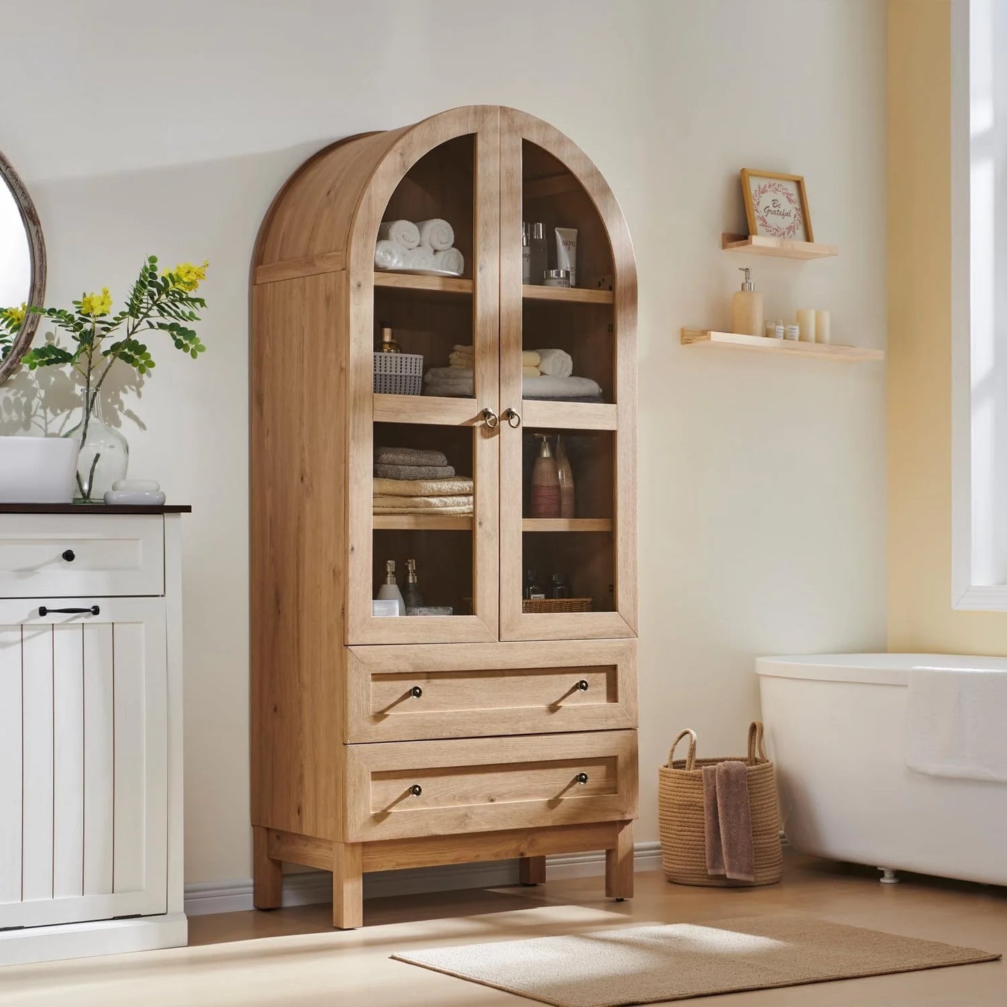Thasty 71" Tall Arched Bookshelf, 4-Tier Bookcase with Glass Doors and Shelves, Wooden Display Cabinet w/2 Large Storage Drawers