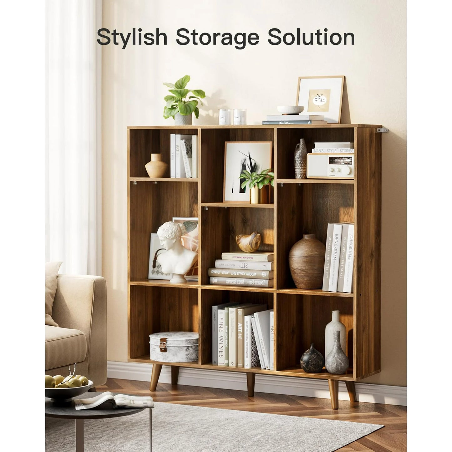 Thasty Wood Bookcase with 3 Adjustable Shelves, 3-Tier 9-Cube Storage Organizer Bookshelf with Solid Legs for Home Office or Living Room, Brown