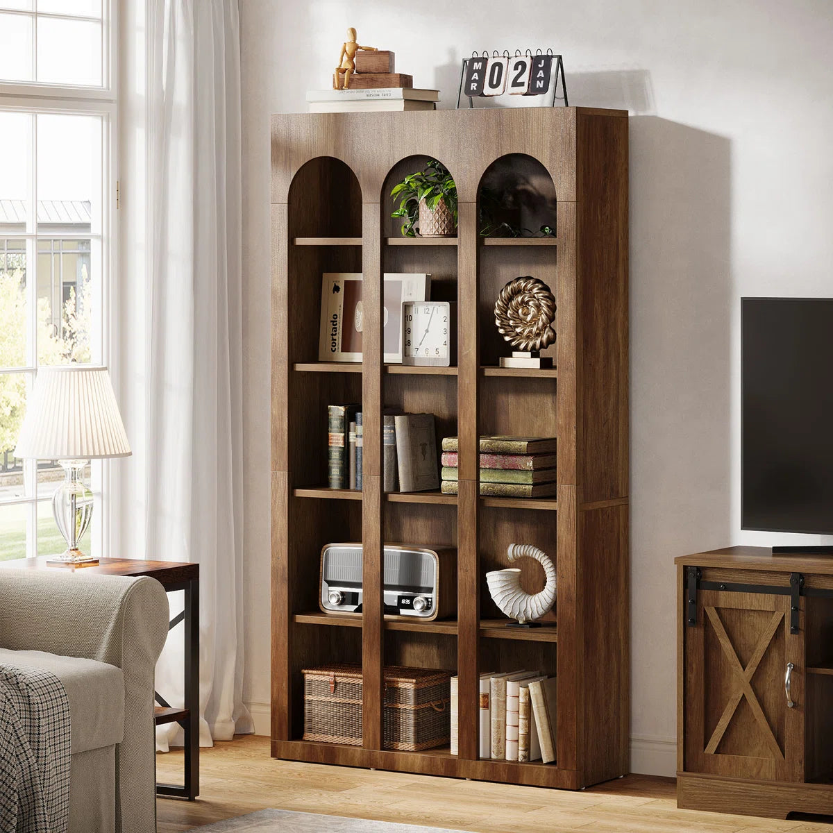 5-Tier 70.87-Inch Modern Wood Farmhouse Home Office Tall Bookshelf Bookcase Open Large Storage