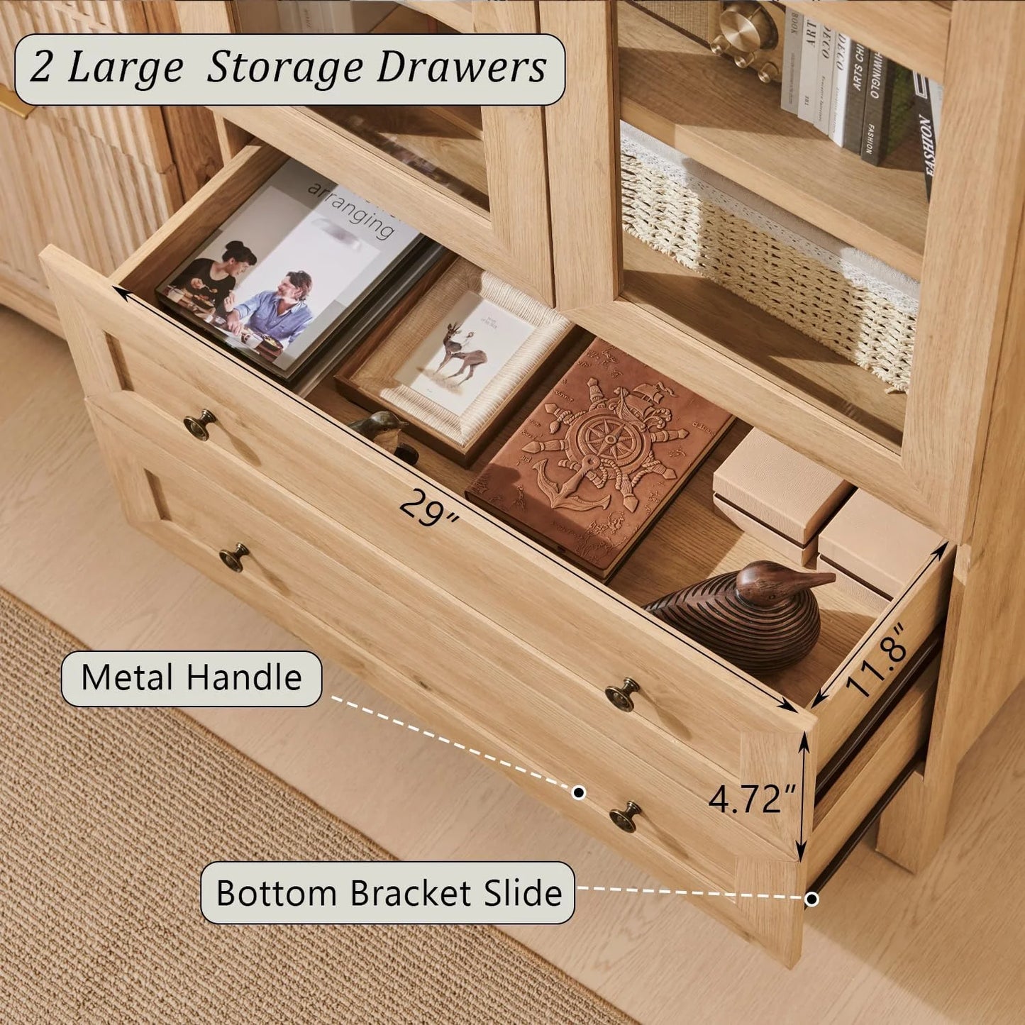 Thasty 71" Tall Arched Bookshelf, 4-Tier Bookcase with Glass Doors and Shelves, Wooden Display Cabinet w/2 Large Storage Drawers