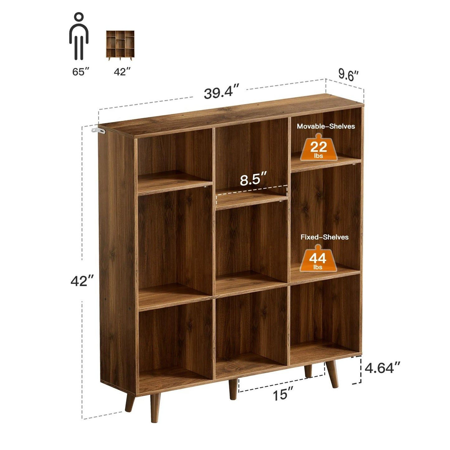 Thasty Wood Bookcase with 3 Adjustable Shelves, 3-Tier 9-Cube Storage Organizer Bookshelf with Solid Legs for Home Office or Living Room, Brown
